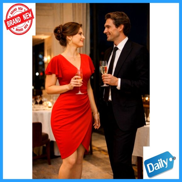 V Neck Ruffle Sleeve Ruched Bodycon Cocktail Dress Elegant Party Wear - Picture 4 of 7